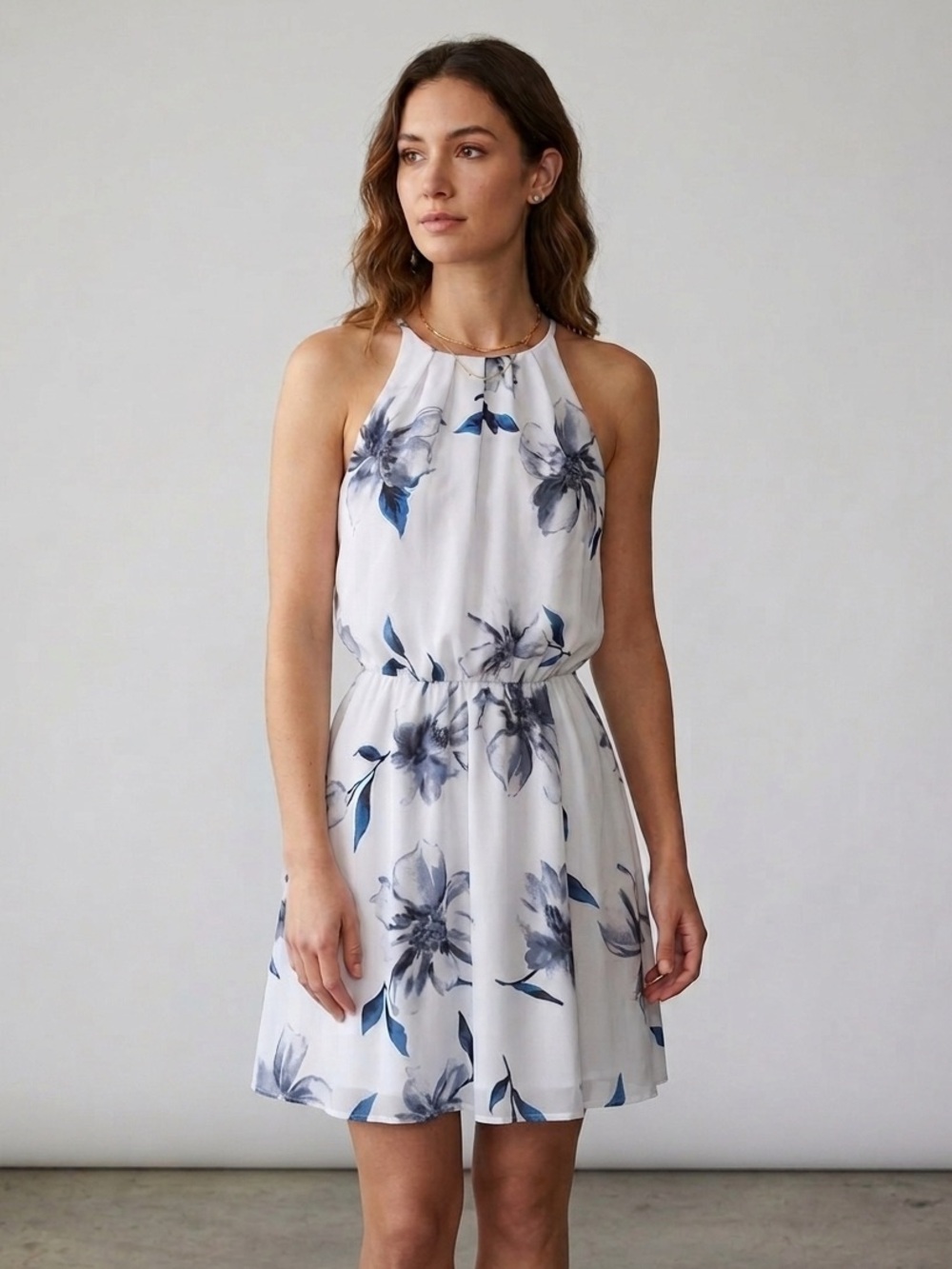 Eclipse Floral High-Neck Halter Mini Dress Blue White Small